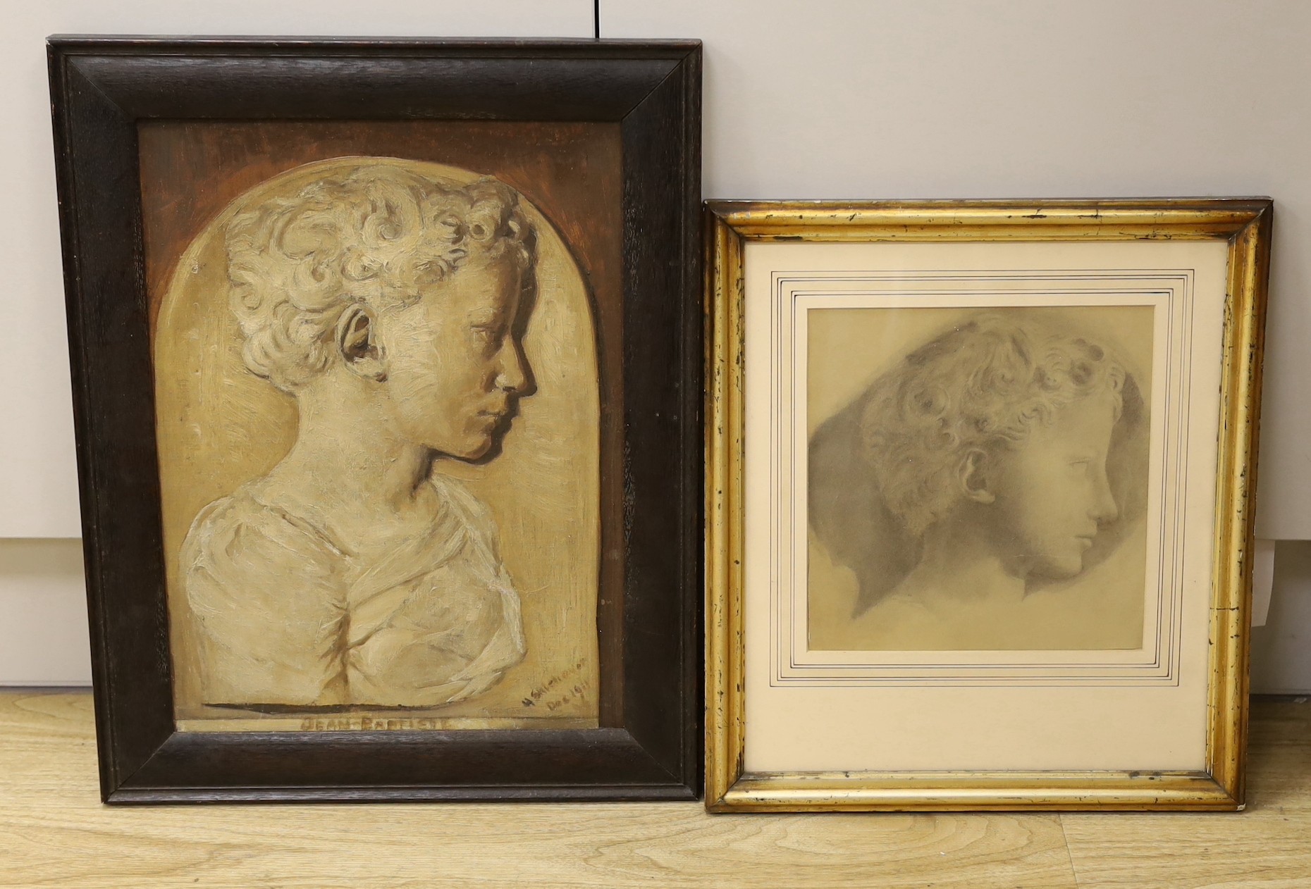 Early 20th century English School, oil on canvas, Study of a terracotta relief of Jean Baptiste, indistinctly signed and dated 1911, 40 x 29cm and a pencil sketch of the same subject, 22 x 21.5cm